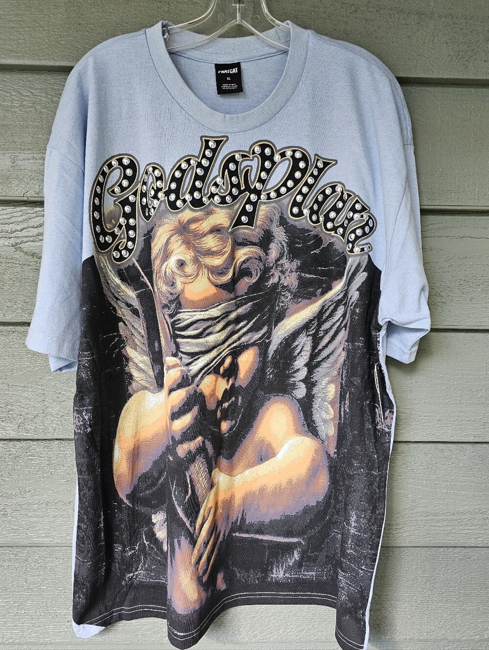 Phat Cat Blindfolded Cherub Hplding Bow Graphic T-Shirt Blue/Black Men's Size XL